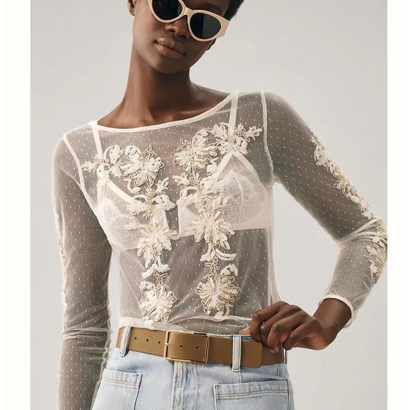 ANTHROPOLOGIE Maeve Size XL Sheer Embellished Top Whitr/Ecru Ethereal $98 NEW - Picture 1 of 16